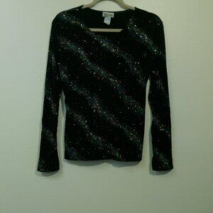 Western Connection Womens Black Glitter Top Long Sleeves Dress Shirt Size L (C)